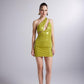 Thea Green Shiny One Shoulder Strapped Mini Dress