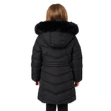 Girls’ Long Winter Puffer Coat with Detachable Faux Fur Hood – Black