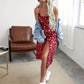 Print Summer Dress for Women - Sleeveless with Side Slit, Polyester, Machine Washable, Adjustable Spaghetti Straps, Spaghetti Suspender Dress
