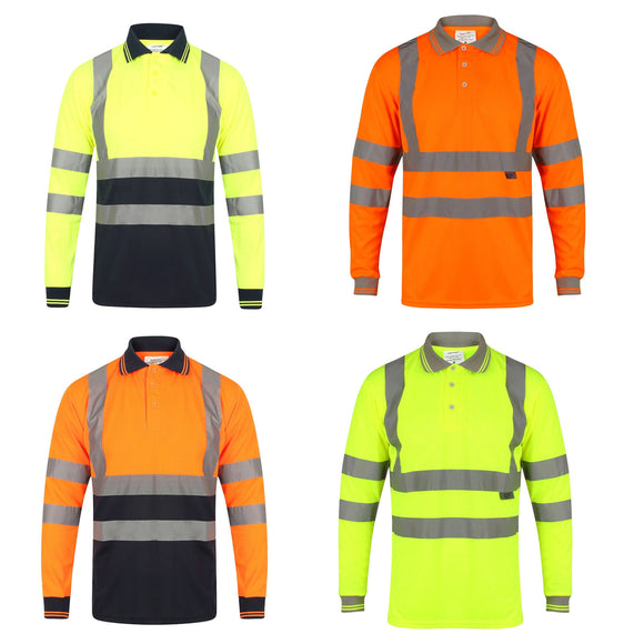 Edward Mens High Visibility Long Sleeve Safety Polo Shirt Reflective Hi-Viz Workwear