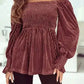 Chestnut Smocked Ribbed Velvet Babydoll Top
