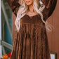 Chestnut Smocked Ribbed Velvet Babydoll Top