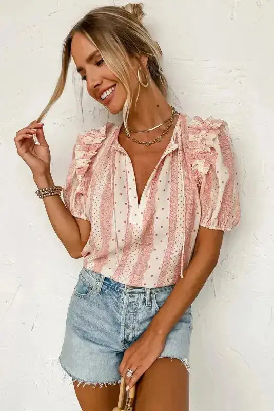 Chic Peek Puff Sleeve Blouse Polka Dot