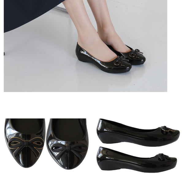 Ladies Chic Black Jelly Flat Shoes with Bow Comfortable Foam Insole