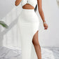 Elegant Strapless Summer Dress with Decorative Button Closure, Polyester Blend, Knee-Length, Asymmetrical Hemline Stretchy Knit Dress