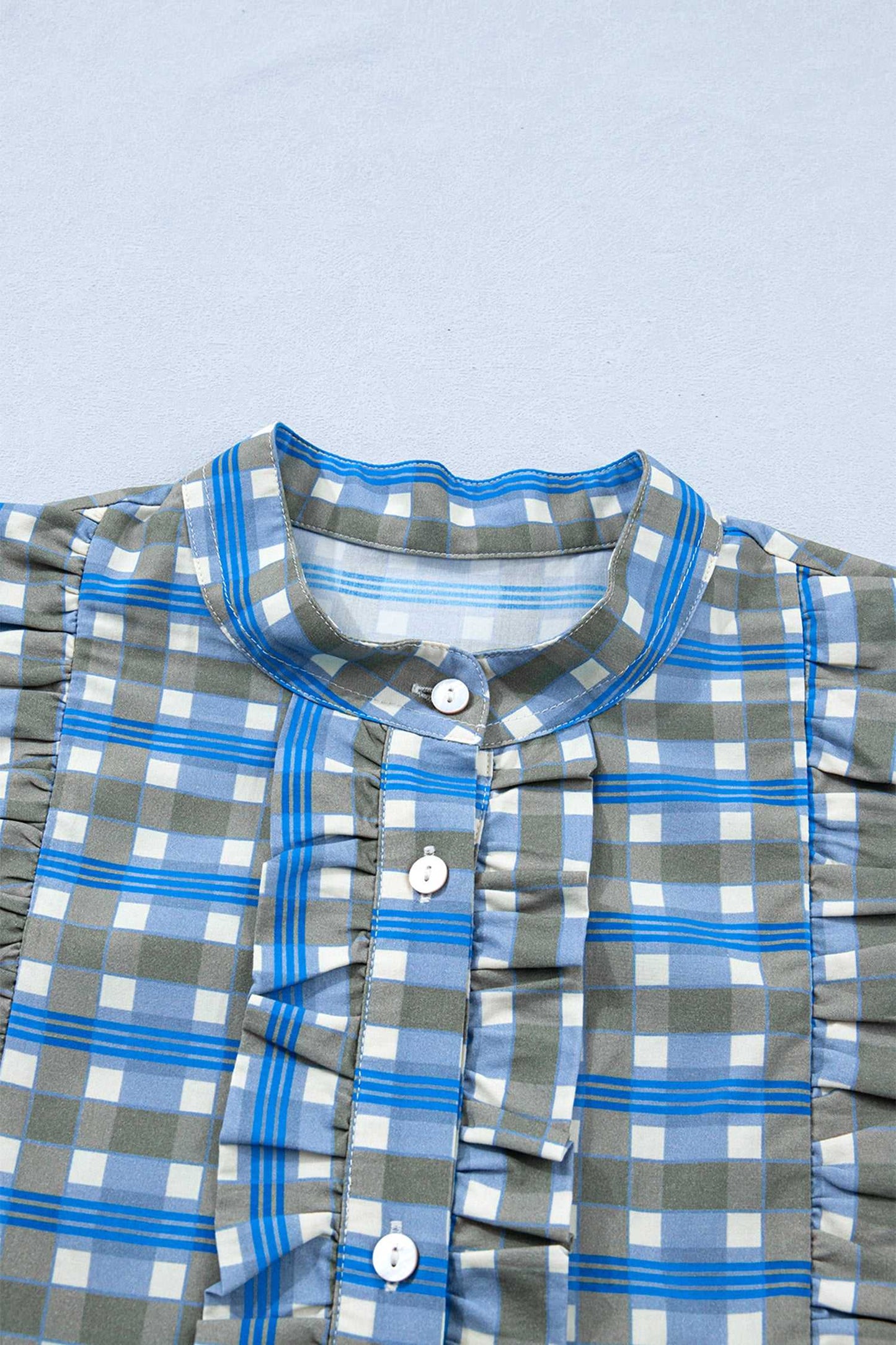 Blue Plaid Long Sleeve Frilled Blouse