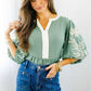 Smoke Green Embroidered Sleeve Tiered Blouse
