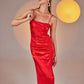 Dipsy Red Satin Strappy Slit Midi Dress