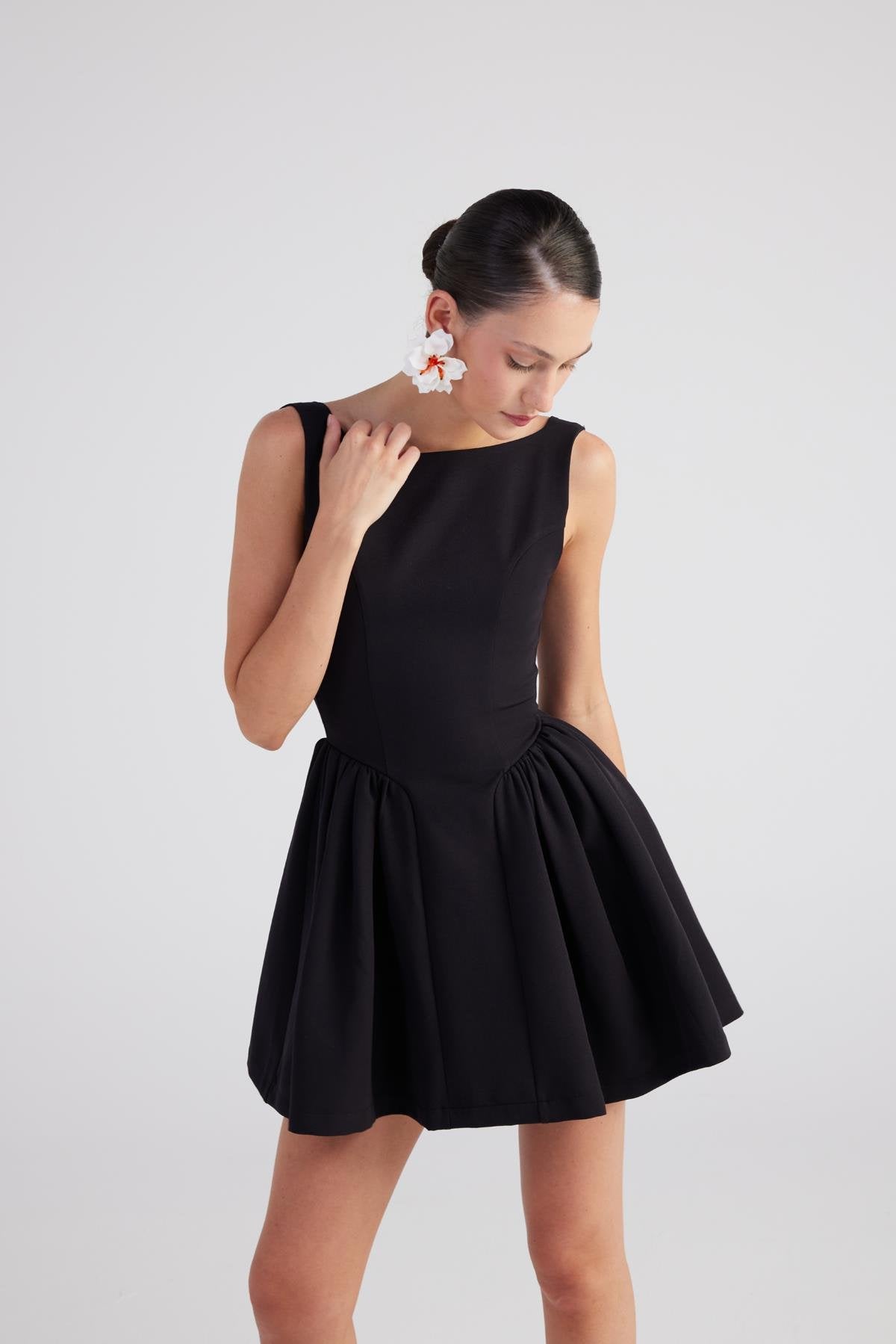 Alena Black Pleated Skirt Mini Dress