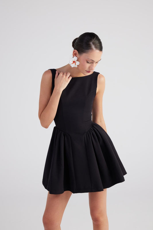 Alena Black Pleated Skirt Mini Dress