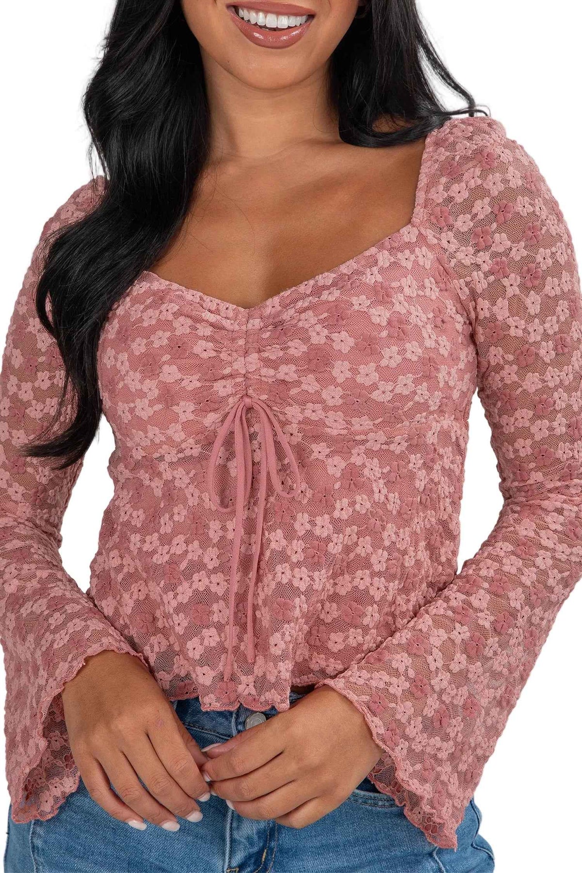 Pink Floral Lace Blouse | Bell Sleeve Square Neck Top