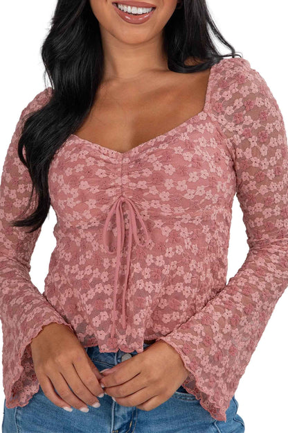 Pink Floral Lace Blouse | Bell Sleeve Square Neck Top