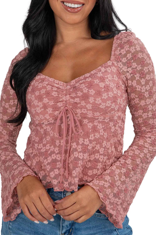Pink Floral Lace Blouse | Bell Sleeve Square Neck Top