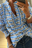 Blue Plaid Long Sleeve Frilled Blouse
