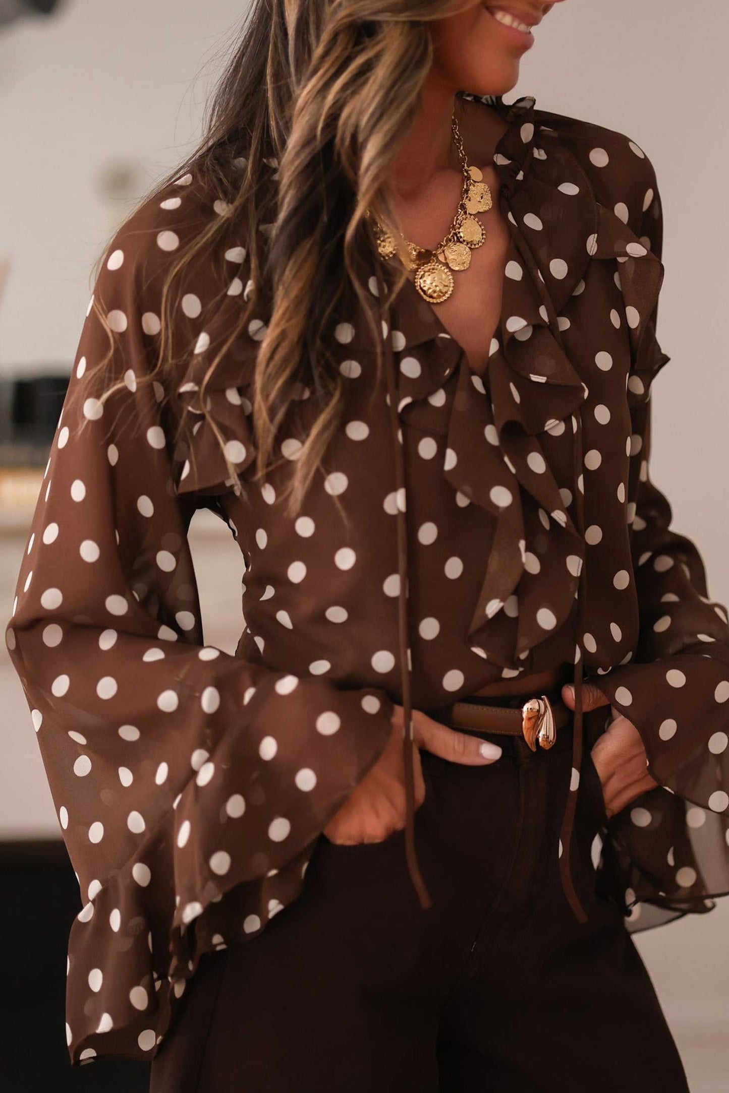 Coffee Polka Dot Bell Sleeve Blouse