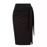 Solid Color High Waist Bow Knee-length Slit Skirt