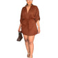 Casual Solid Drawstring Waist V Neck Rollable Sleeve Dress, Women's Clothing