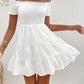 Elegant Off the Shoulder Shirred Dress for Women, 100% Polyester Solid Color Summer Fitted Woven Dress with Ruffle Hem