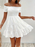 Elegant Off the Shoulder Shirred Dress for Women, 100% Polyester Solid Color Summer Fitted Woven Dress with Ruffle Hem
