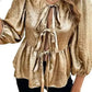 Elegant Gold Bow Tie Puff Sleeve Ruffle Blouse