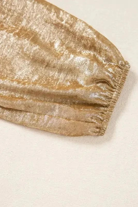 Elegant Gold Bow Tie Puff Sleeve Ruffle Blouse