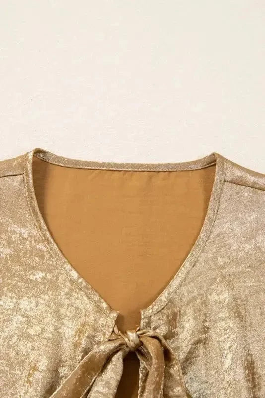 Elegant Gold Bow Tie Puff Sleeve Ruffle Blouse