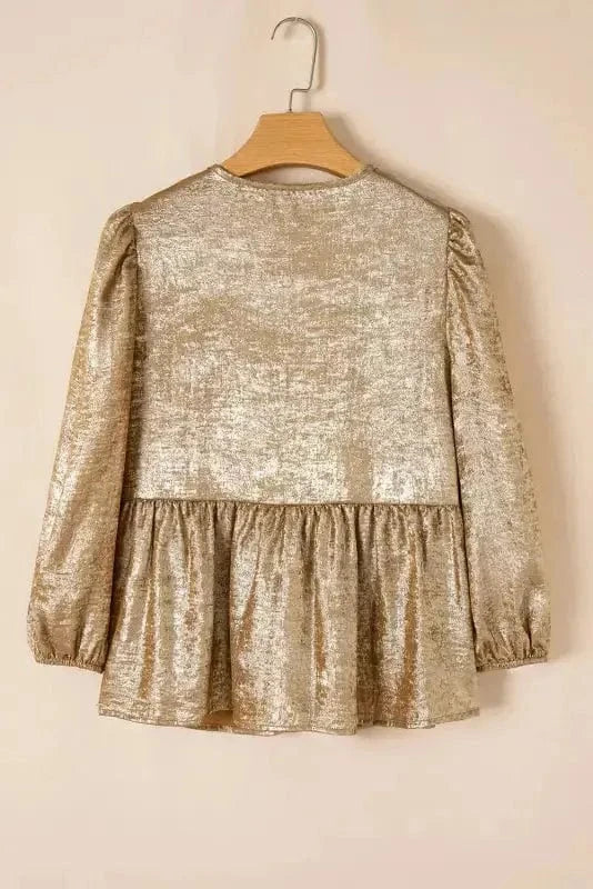 Elegant Gold Bow Tie Puff Sleeve Ruffle Blouse