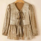 Elegant Gold Bow Tie Puff Sleeve Ruffle Blouse