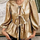 Elegant Gold Bow Tie Puff Sleeve Ruffle Blouse