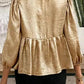 Elegant Gold Bow Tie Puff Sleeve Ruffle Blouse