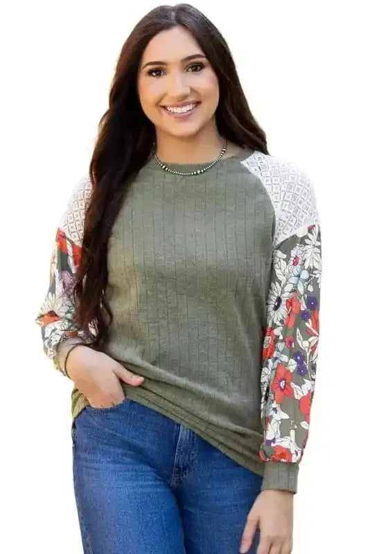 Floral Mosaic Ribbed Blouse