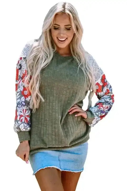 Floral Mosaic Ribbed Blouse