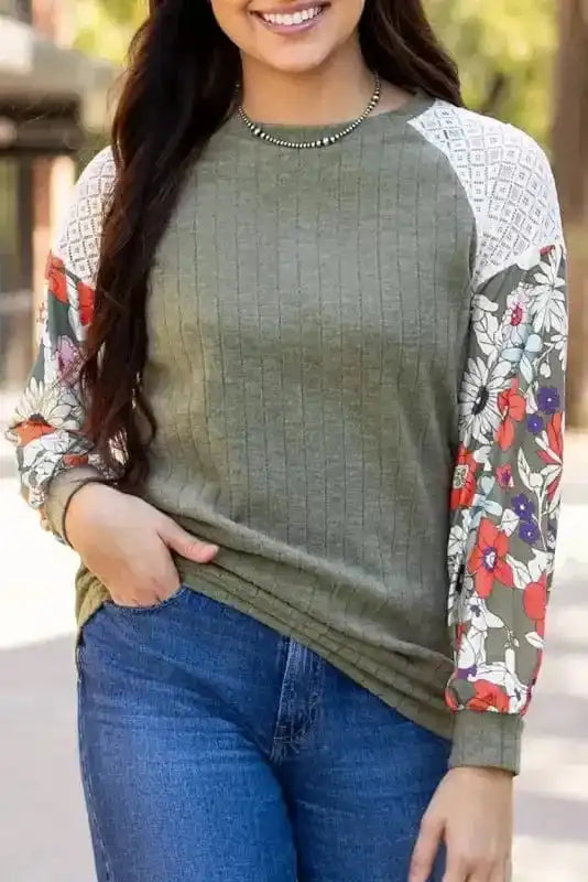 Floral Mosaic Ribbed Blouse