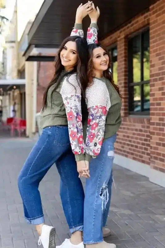 Floral Mosaic Ribbed Blouse