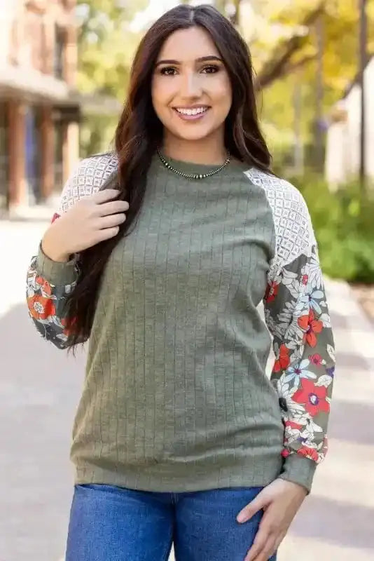 Floral Mosaic Ribbed Blouse