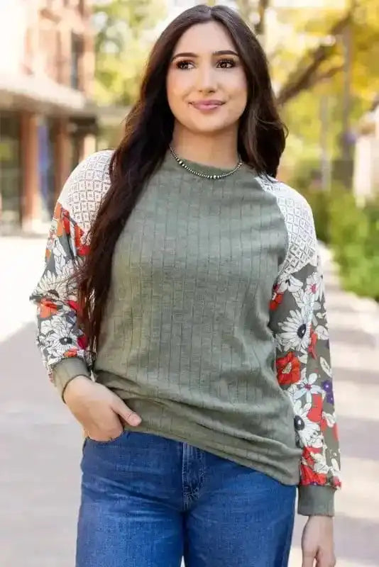 Floral Mosaic Ribbed Blouse
