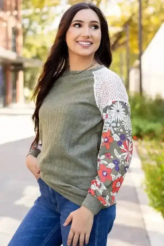 Floral Mosaic Ribbed Blouse