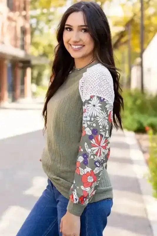 Floral Mosaic Ribbed Blouse