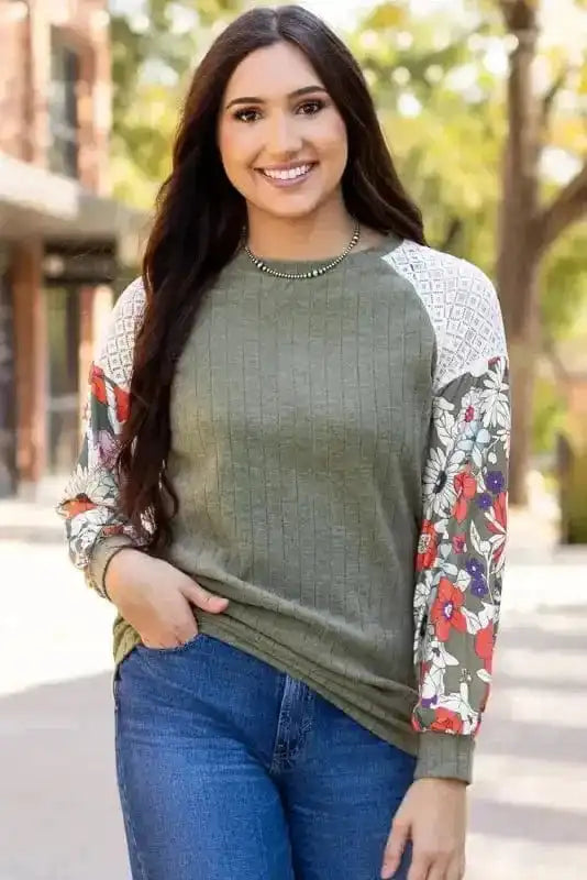 Floral Mosaic Ribbed Blouse