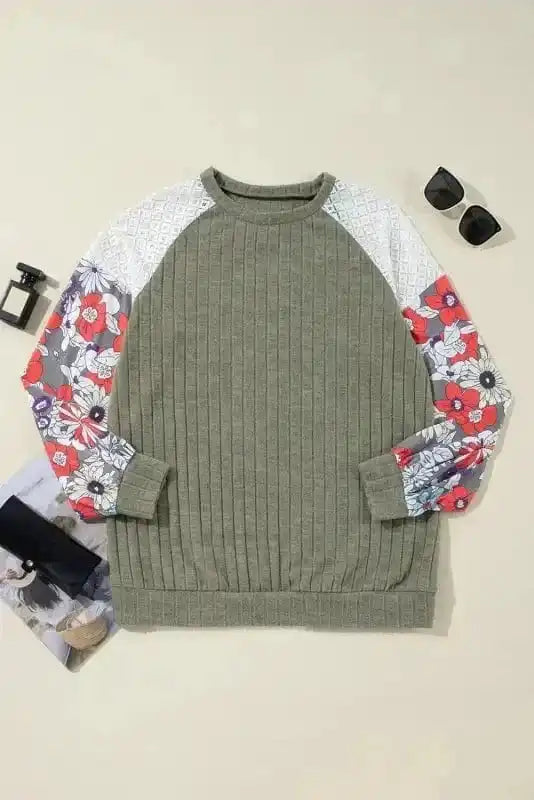 Floral Mosaic Ribbed Blouse