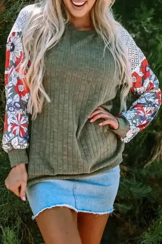 Floral Mosaic Ribbed Blouse