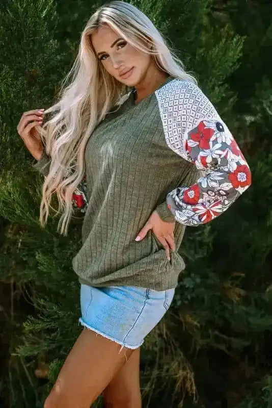 Floral Mosaic Ribbed Blouse