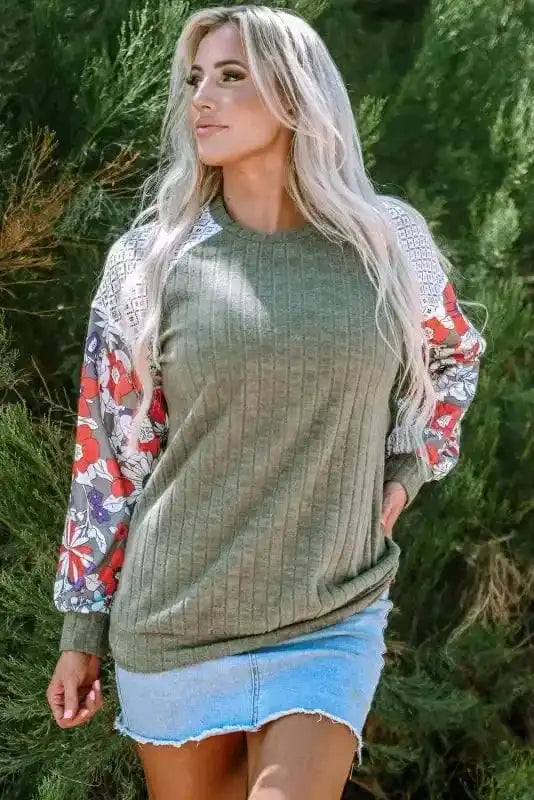 Floral Mosaic Ribbed Blouse