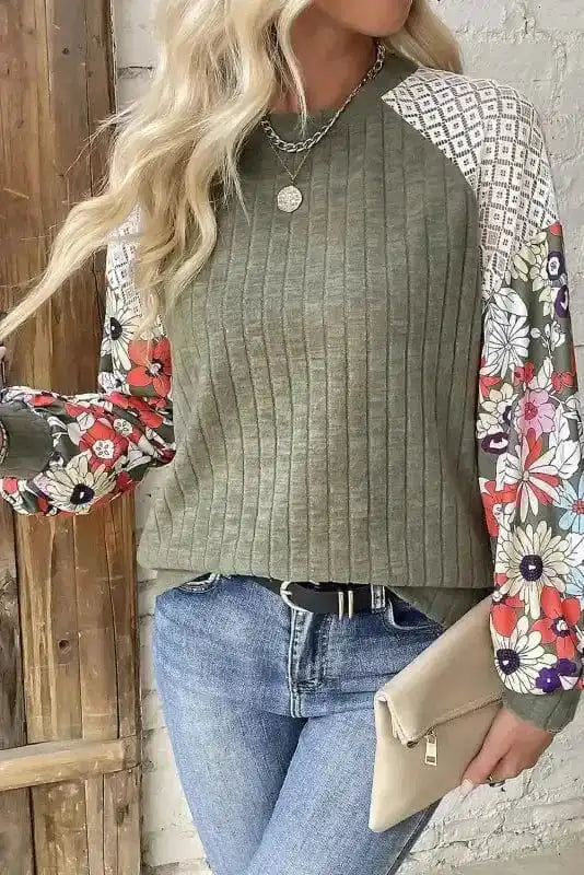 Floral Mosaic Ribbed Blouse