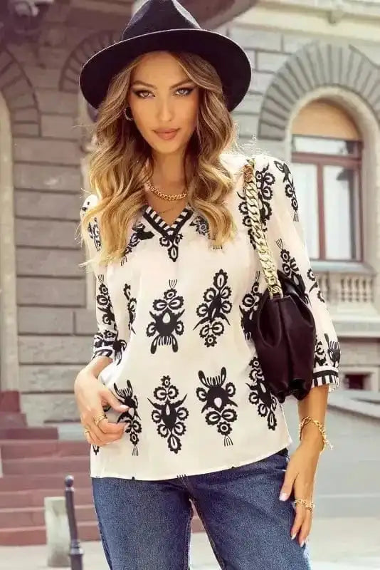 Geometric Glamour Quarter-Sleeve Top