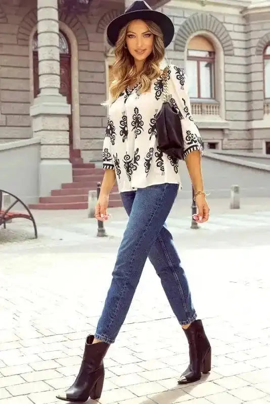Geometric Glamour Quarter-Sleeve Top