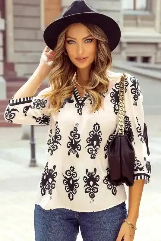 Geometric Glamour Quarter-Sleeve Top