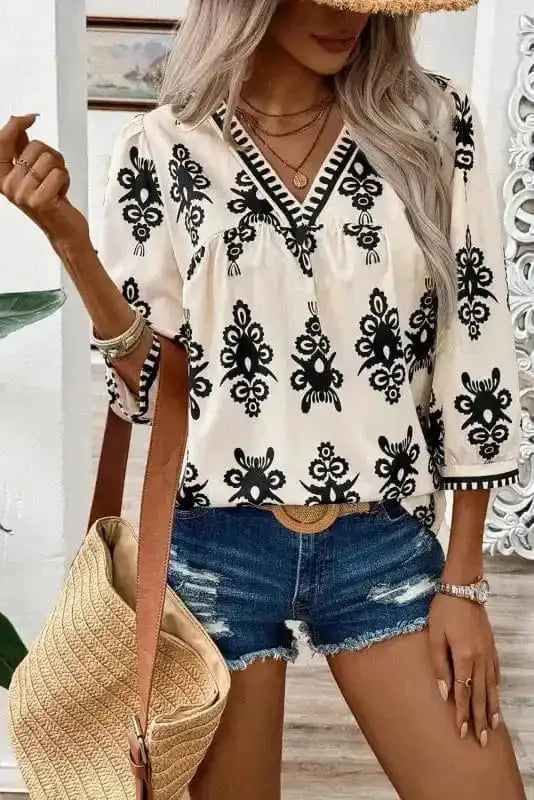 Geometric Glamour Quarter-Sleeve Top