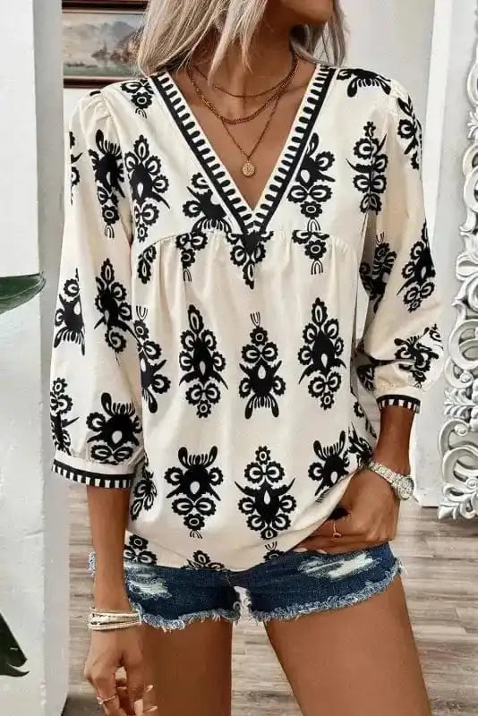 Geometric Glamour Quarter-Sleeve Top