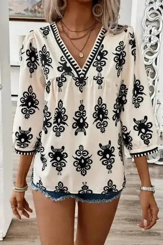 Geometric Glamour Quarter-Sleeve Top